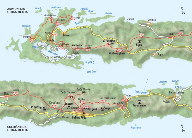 MLJETSKA PLANINARSKA OBILAZNICA   Otvorena je 28.travnja 2012. prigodom Dana hrvatskih planinara,koji su na Mljetu organizirali HPS ,PD Mljet i PD Planika-Mljet. Ova obilaznica je posvećena svim planinarskim ljubiteljima ,posebno planinarskoj mladeži koja prepoznaje vrijednost boravka u prirodi. Sigurni smo da će svi koji dođu na Mljet uživati u čarobnim vidicima na Mljetski Velebit- poluotok Pelješac,sunce koje sviće iz smjera Snježnice kod Dubrovnika i zalazi u moru iza tajnovitog Lastova. Ljepota prirode,nepregledna brda i beskrajno plavetnilo mora čine Mljet jedinstvenim mjestom na jadranskoj obali.   Mljetska planinarska obilaznica(MPO) duga je 43km i može se proći za 3-4 dana (oko 23 sati hoda). Cijela trasa označena je planinarskim markacijama i opremljena žigovima na kontrolnim točkama. Sa sobom treba ponjeti jastučić sa tintom za žigove. Na putu je 20 kontrolnih točaka.   Predlažemo 4 dnevne etape MPO-a:   1) POMENA-GOVEĐARI 5h 2) GOVEĐARI- BLATO     7:30h 3) BLATO-ROGOVIĆI-BABINO POLJE 6h 4) BABINO POLJE-VELIKI GRAD-SOBRA 6h